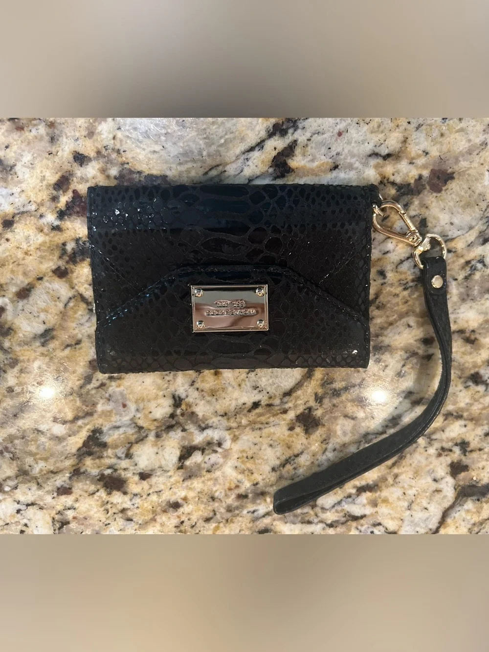 Michael Kors Black Faux-Croc Wristlet Clutch with Gold Plate